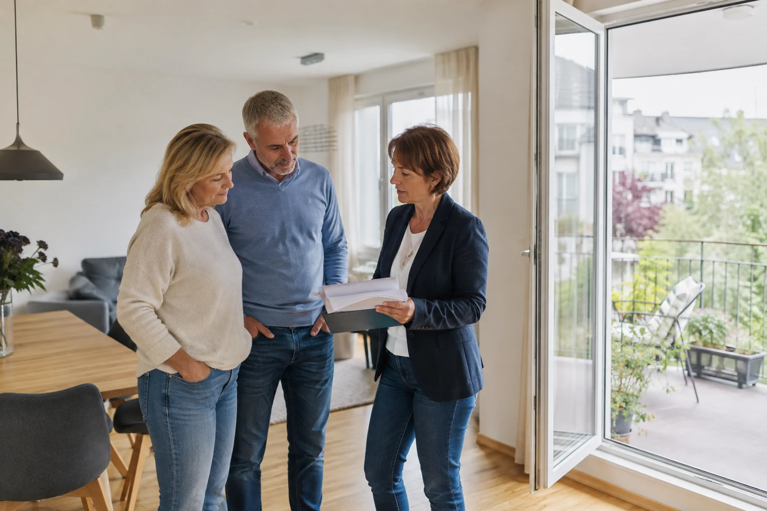 Paar besichtigt mit einer Beraterin eine helle Wohnung mit Balkon